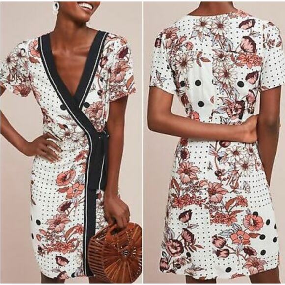 Anthropologie Maeve Aubrey White Black Pink Floral Wrap Short Dress 2 Vacation - Picture 1 of 10